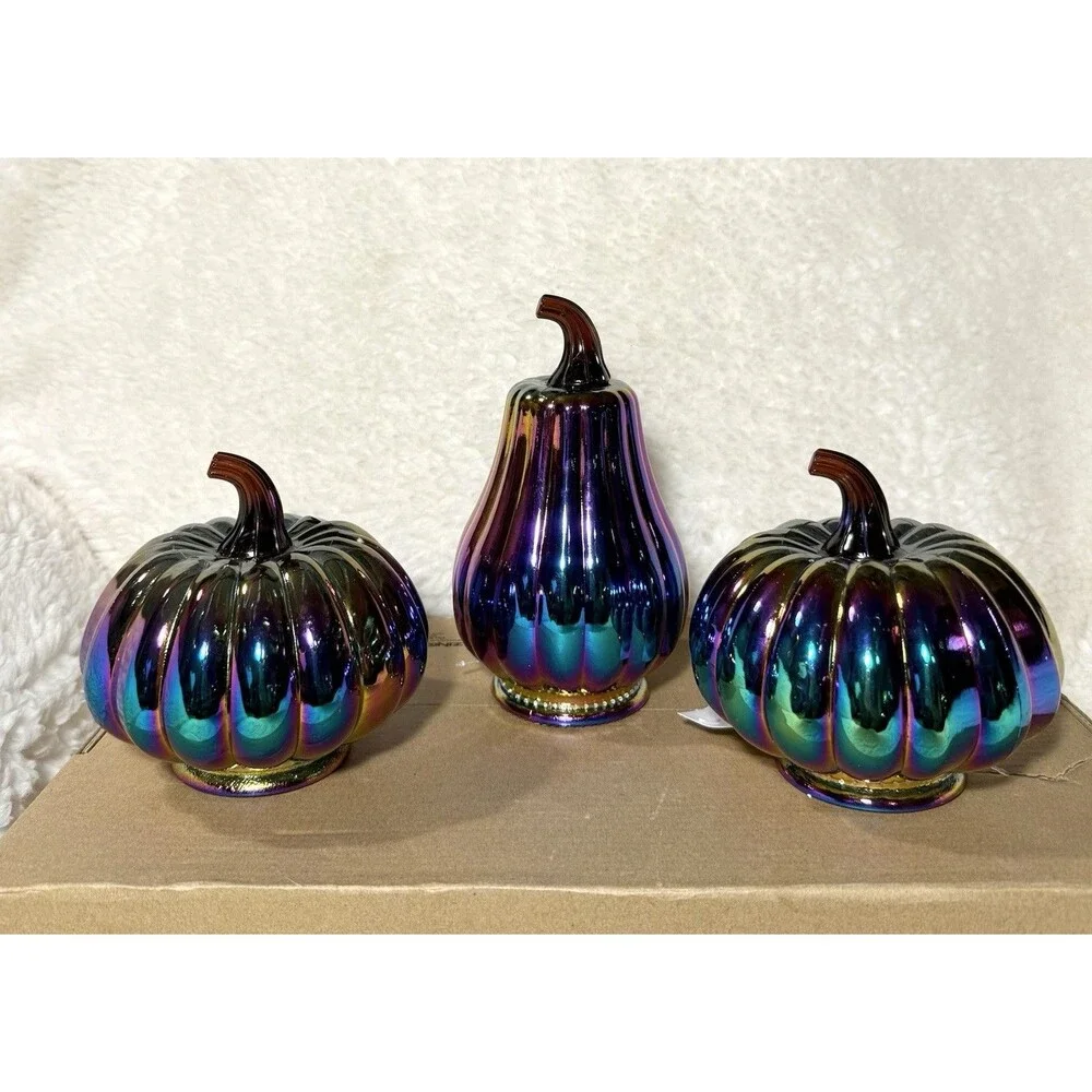 Set of 3 Dark Iridescent Glass Pumpkins Target Halloween - NEW